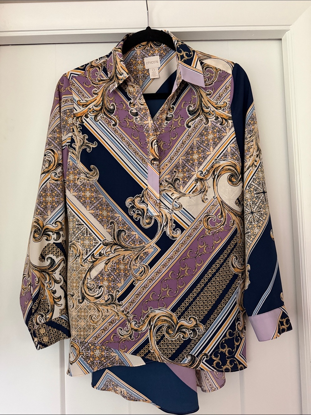Chico's Navy and Lavender Paisley 1/2 Button-Up Shirt